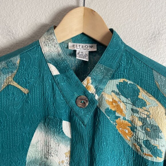 Citron Santa Monica Womens Large Teal 100% Silk Asian Fan Print Button Up Blouse - Picture 8 of 13